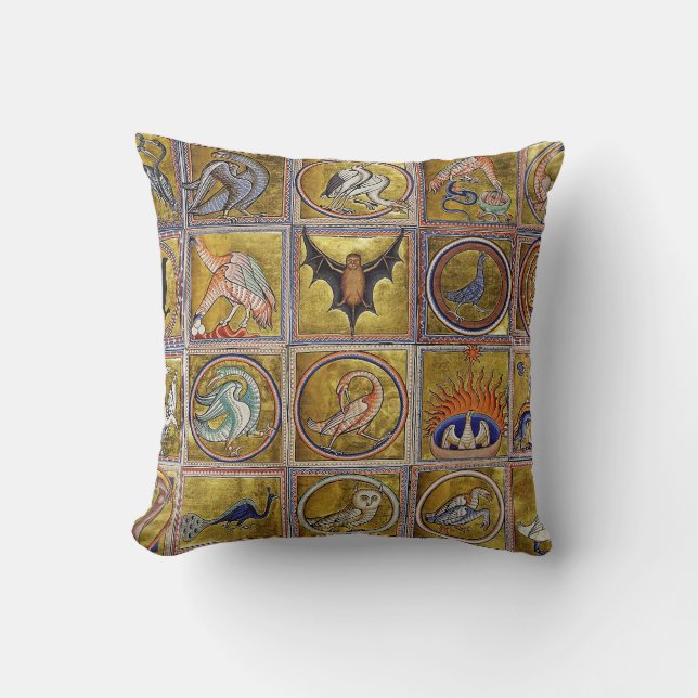 MEDIEVAL BESTIARY, FANTASTIC ANIMALS,GOLD RED BLUE THROW PILLOW (Front)