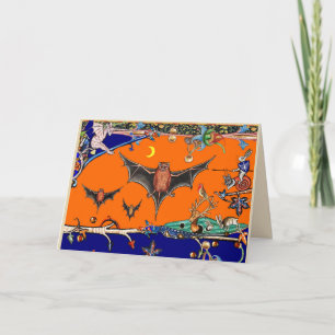 MEDIEVAL BESTIARY,FLYING BATS FOREST ANIMAL Orange Holiday Card