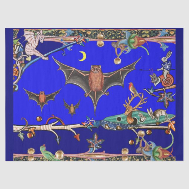 MEDIEVAL BESTIARY,FLYING BATS FOREST ANIMALS Blue  Tissue Paper (Front)