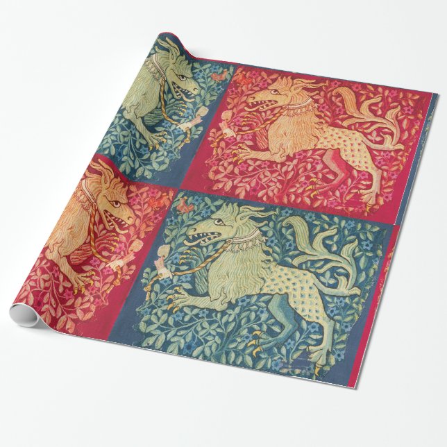 MEDIEVAL BESTIARY Lion Like Beast in Red Blue Wrapping Paper (Unrolled)