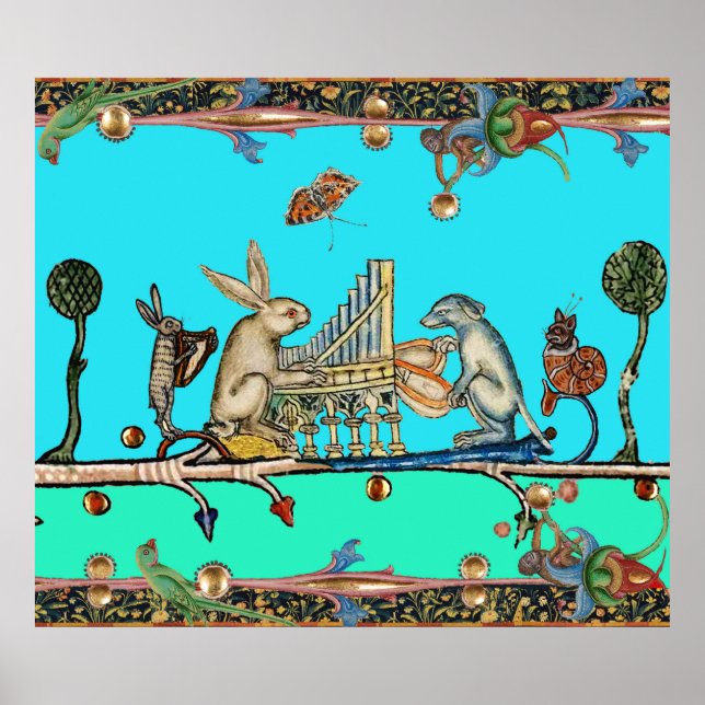 MEDIEVAL BESTIARY MAKING MUSIC,Rabbit,Dog ,Blue Poster (Front)