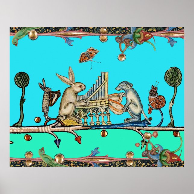MEDIEVAL BESTIARY MAKING MUSIC,Rabbit,Dog ,Blue Poster (Front)