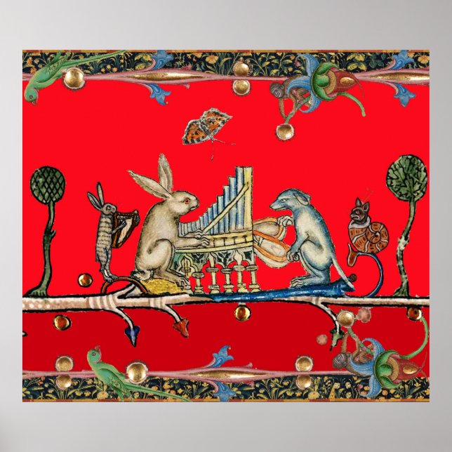 MEDIEVAL BESTIARY MAKING MUSIC,Rabbit,Dog ,Red  Poster (Front)