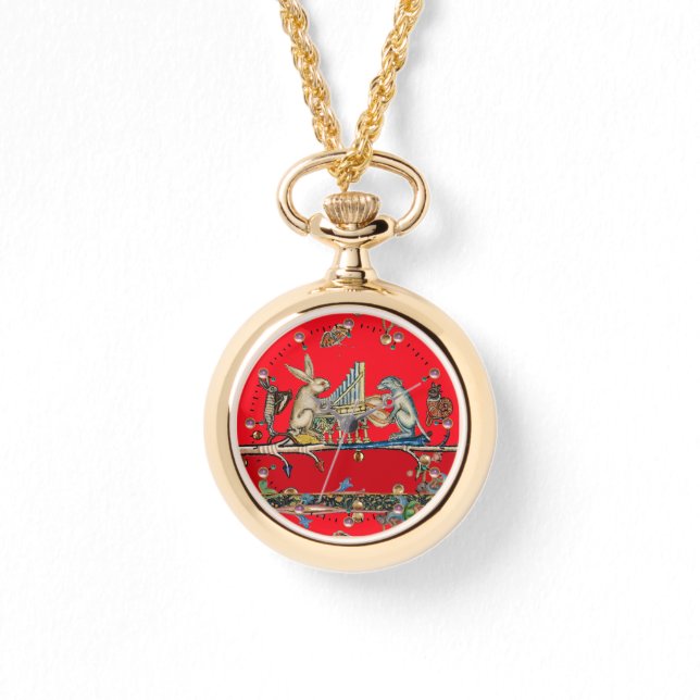 MEDIEVAL BESTIARY MAKING MUSIC,Rabbit,Dog Red Watc Watch (Front)