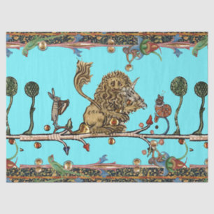 MEDIEVAL BESTIARY MAKING MUSIC Violinist Lion Blue Tissue Paper