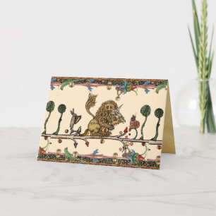 MEDIEVAL BESTIARY MAKING MUSIC Violinist Lion,Hare Holiday Card
