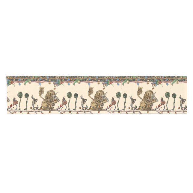 MEDIEVAL BESTIARY MAKING MUSIC Violinist Lion,Hare Short Table Runner (Horizontal)