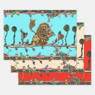 MEDIEVAL BESTIARY MAKING MUSIC Violinist Lion,Hare Wrapping Paper Sheet