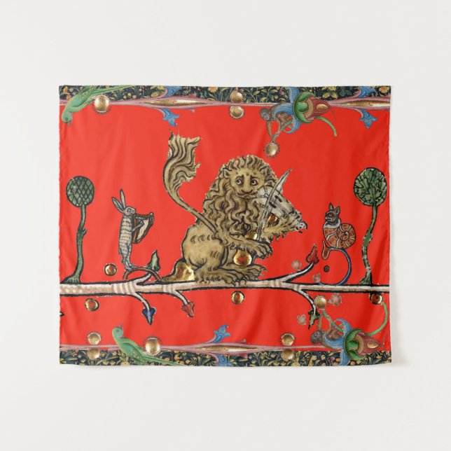 MEDIEVAL BESTIARY MAKING MUSIC Violinist Lion Red Tapestry (Front (Horizontal))