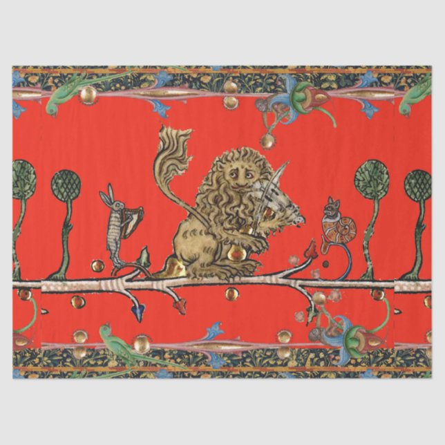 MEDIEVAL BESTIARY MAKING MUSIC Violinist Lion Red Tissue Paper (Front)