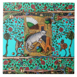 MEDIEVAL BESTIARY MUSIC,CAT PLAYING ORGAN Blue Tile