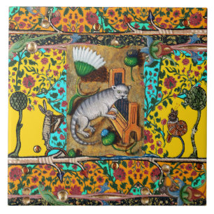 MEDIEVAL BESTIARY MUSIC,CAT PLAYING ORGAN Yellow Tile