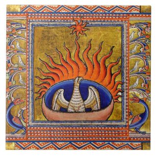 MEDIEVAL BESTIARY,PHOENIX IN RED FLAMES,LIFE TREE TILE