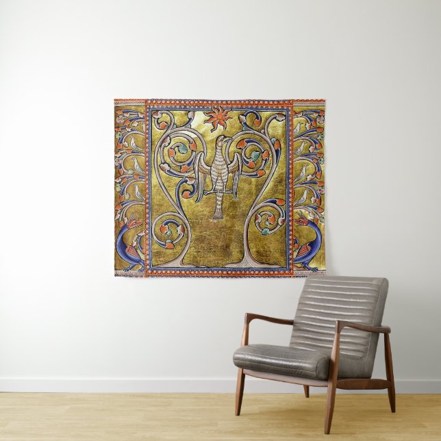 MEDIEVAL BESTIARY,PHOENIX ON TREE OF LIFE,DRAGONS  TAPESTRY (In Situ (Horizontal))