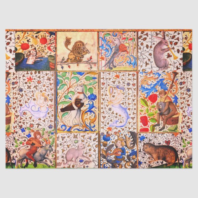 MEDIEVAL BESTIARY PLAYING MUSICAL INSTRUMENTS Red  Tissue Paper (Front)