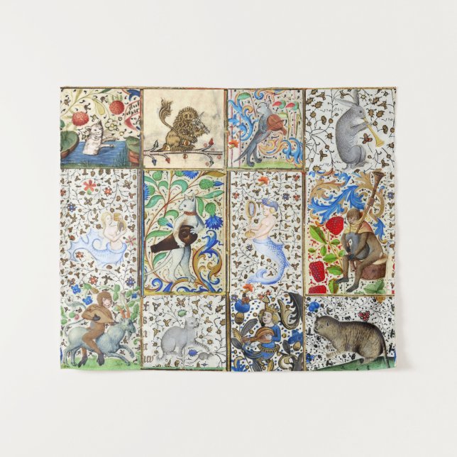 MEDIEVAL BESTIARY PLAYING MUSICAL INSTRUMENTS TAPESTRY (Front (Horizontal))