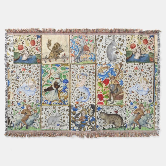 MEDIEVAL BESTIARY PLAYING MUSICAL INSTRUMENTS THROW BLANKET (Front)