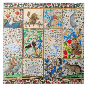 MEDIEVAL BESTIARY PLAYING MUSICAL INSTRUMENTS TILE