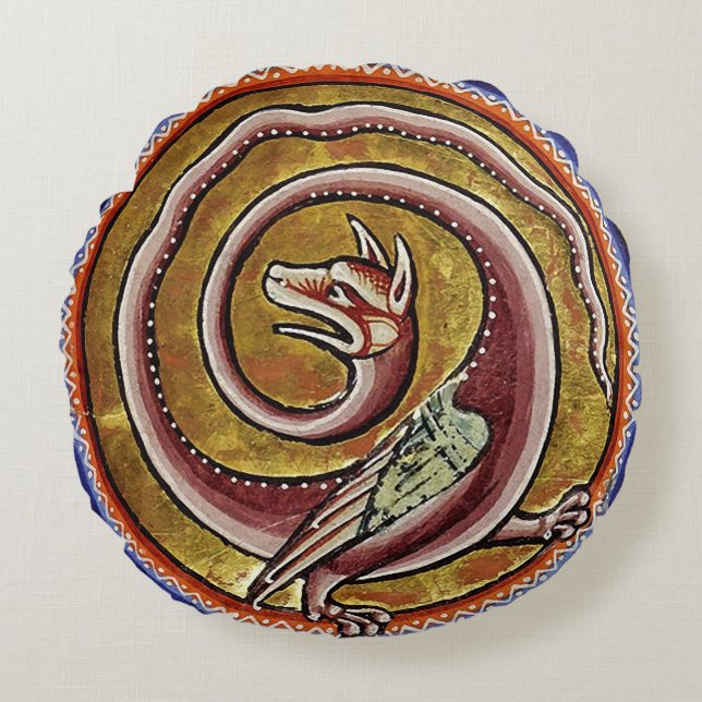 MEDIEVAL BESTIARY, SNAKE DRAGON CIRCLES  ROUND PILLOW (Front)