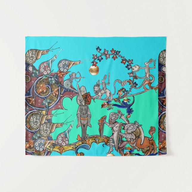 MEDIEVAL BESTIARY WAR, KNIGHTS,GIANT SNAILS Blue Tapestry (Front (Horizontal))