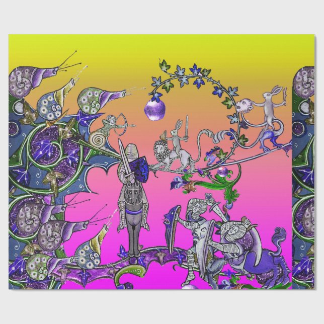 MEDIEVAL BESTIARY WAR, KNIGHTS,GIANT SNAILS Pink Wrapping Paper (Flat)