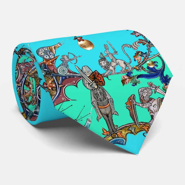 MEDIEVAL BESTIARY WAR, KNIGHTS,GIANT SNAILS  Teal  Tie (Rolled)