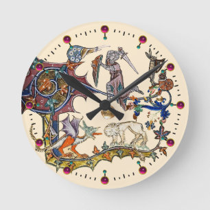 MEDIEVAL BESTIARY WAR Snail vs Knight ,Dragon.Lion Round Clock