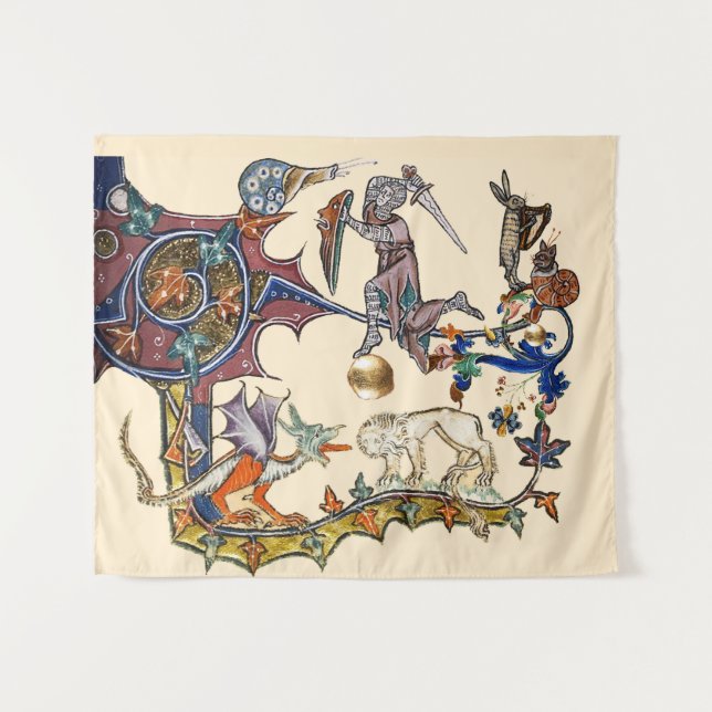 MEDIEVAL BESTIARY WAR Snail vs Knight ,Dragon.Lion Tapestry (Front (Horizontal))
