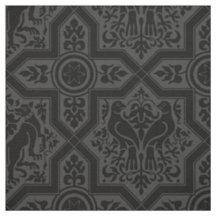 Medieval Birds and Hounds Interlace, Black Fabric