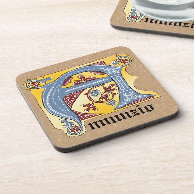 Medieval Blue and Red Ivy Illuminated Letter A Coaster (Left Side)