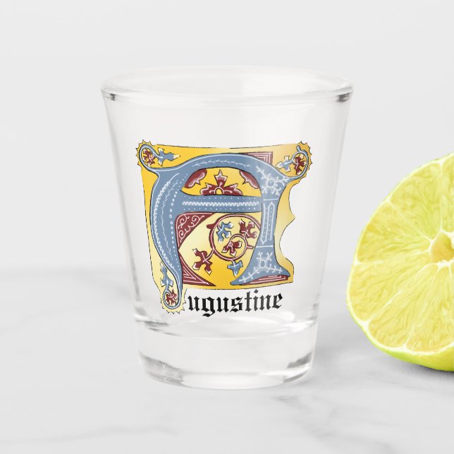 Medieval Blue and Red Ivy Illuminated Letter A Shot Glass (Front)