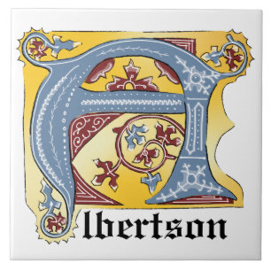 Medieval Blue and Red Ivy Illuminated Letter A Tile