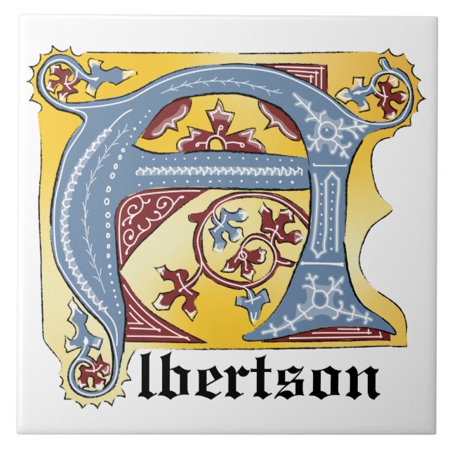 Medieval Blue and Red Ivy Illuminated Letter A Tile (Front)