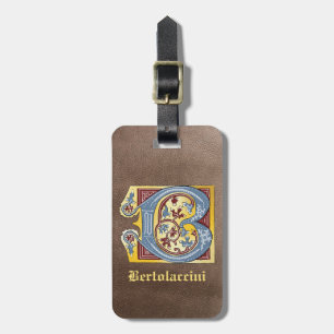 Medieval Blue and Red Ivy Illuminated Letter B Luggage Tag