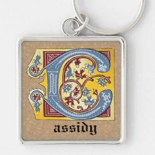 Medieval Blue and Red Ivy Illuminated Letter C Keychain