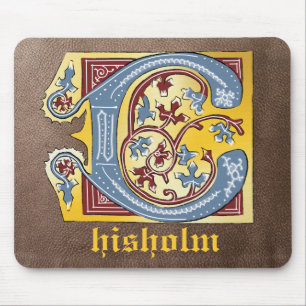 Medieval Blue and Red Ivy Illuminated Letter C Mouse Pad