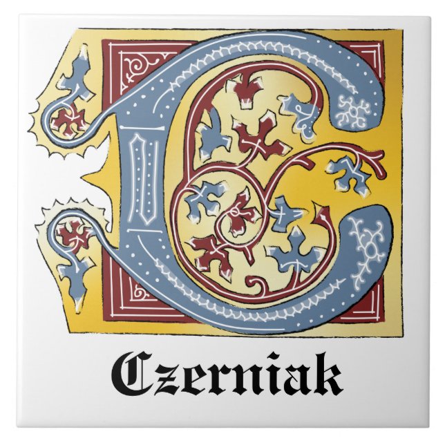 Medieval Blue and Red Ivy Illuminated Letter C Tile (Front)