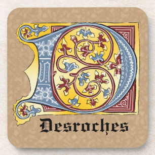 Medieval Blue and Red Ivy Illuminated Letter D Coaster