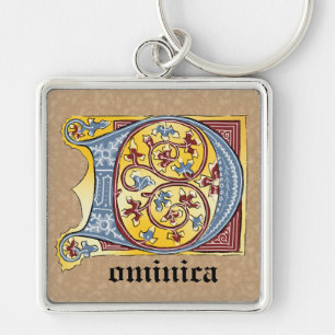 Medieval Blue and Red Ivy Illuminated Letter D Keychain
