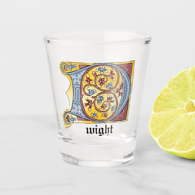 Medieval Blue and Red Ivy Illuminated Letter D Shot Glass (Front)