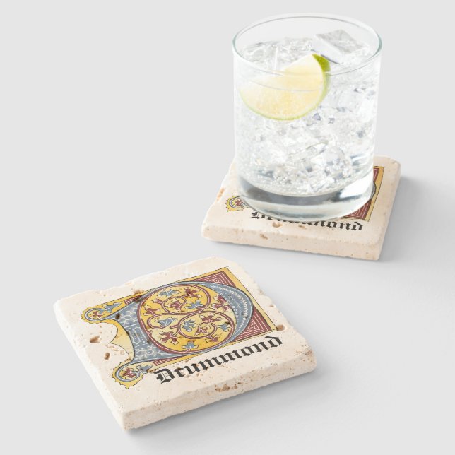 Medieval Blue and Red Ivy Illuminated Letter D Stone Coaster (Side)
