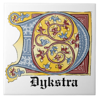 Medieval Blue and Red Ivy Illuminated Letter D Tile