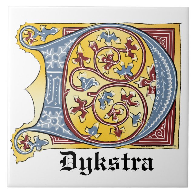 Medieval Blue and Red Ivy Illuminated Letter D Tile (Front)