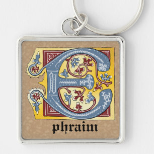 Medieval Blue and Red Ivy Illuminated Letter E Keychain
