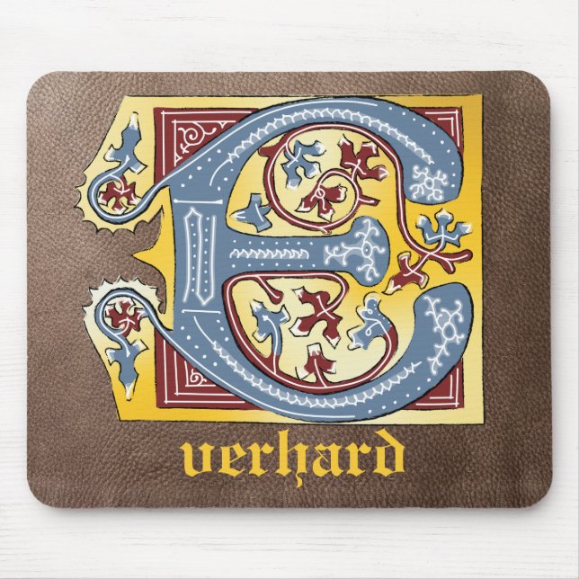 Medieval Blue and Red Ivy Illuminated Letter E Mouse Pad (Front)