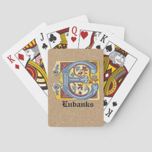 Medieval Blue and Red Ivy Illuminated Letter E Playing Cards
