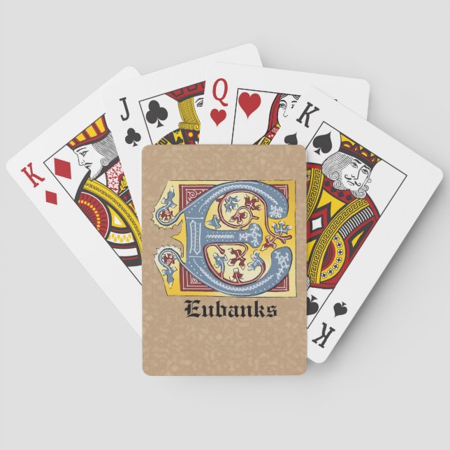 Medieval Blue and Red Ivy Illuminated Letter E Playing Cards (Back)