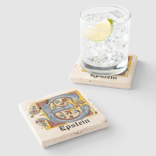 Medieval Blue and Red Ivy Illuminated Letter E Stone Coaster (Side)