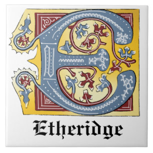Medieval Blue and Red Ivy Illuminated Letter E Tile