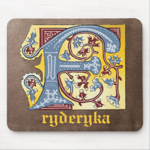 Medieval Blue and Red Ivy Illuminated Letter F Mouse Pad